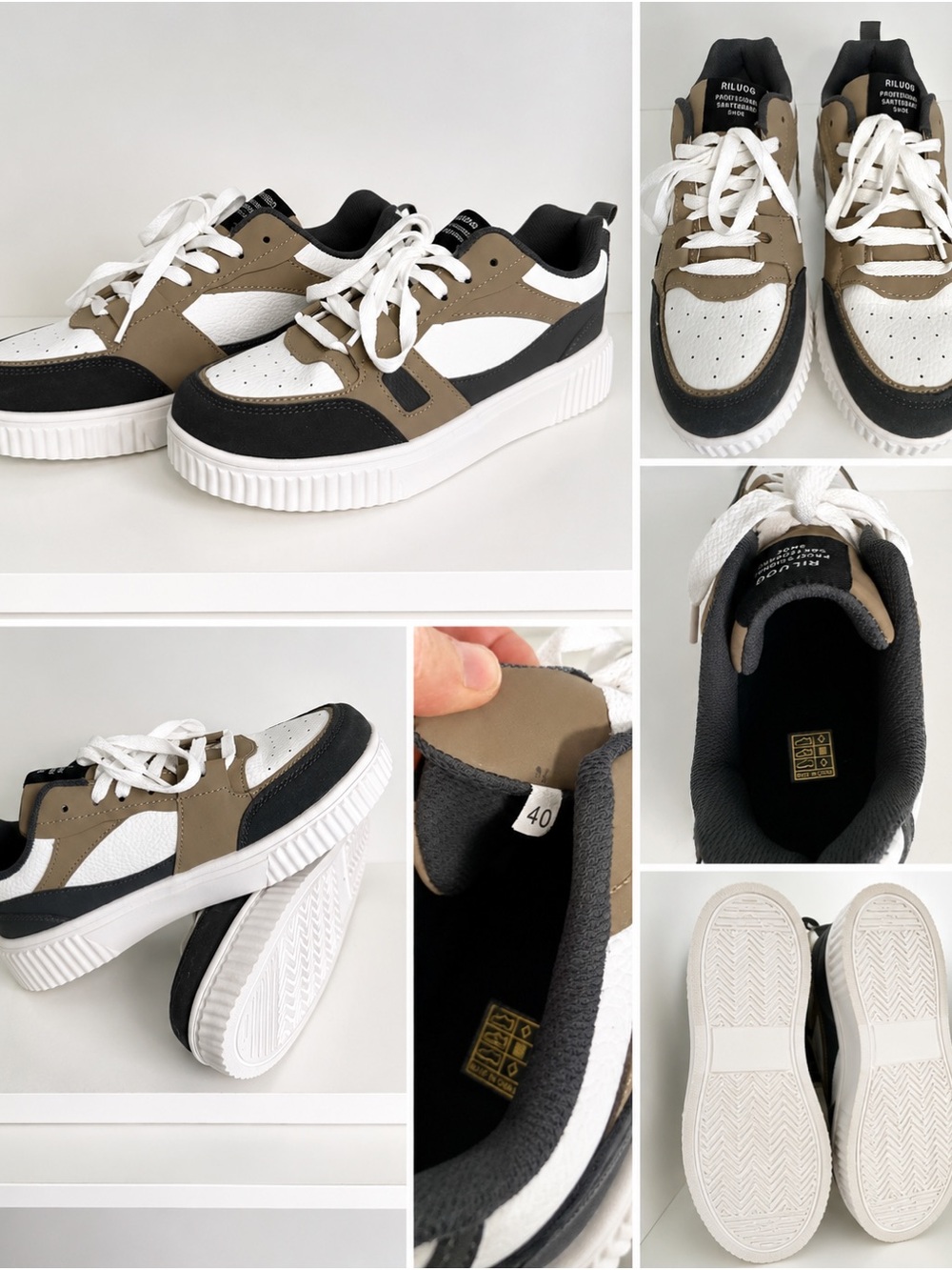 Men's Casual Athletic Sneakers in White, Black & Brown